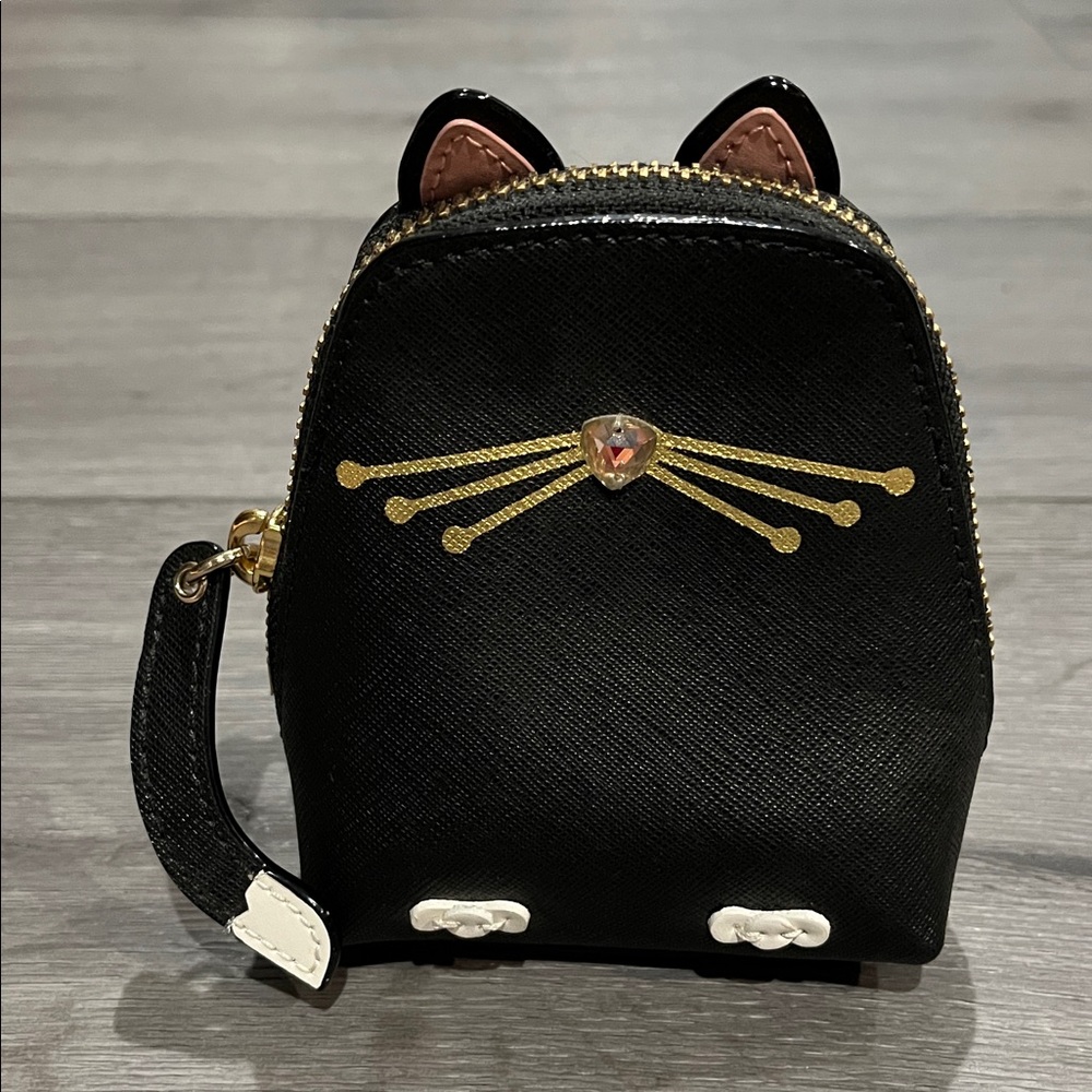 kate spade NWOT black cat-shaped mini coin purse with gold accents